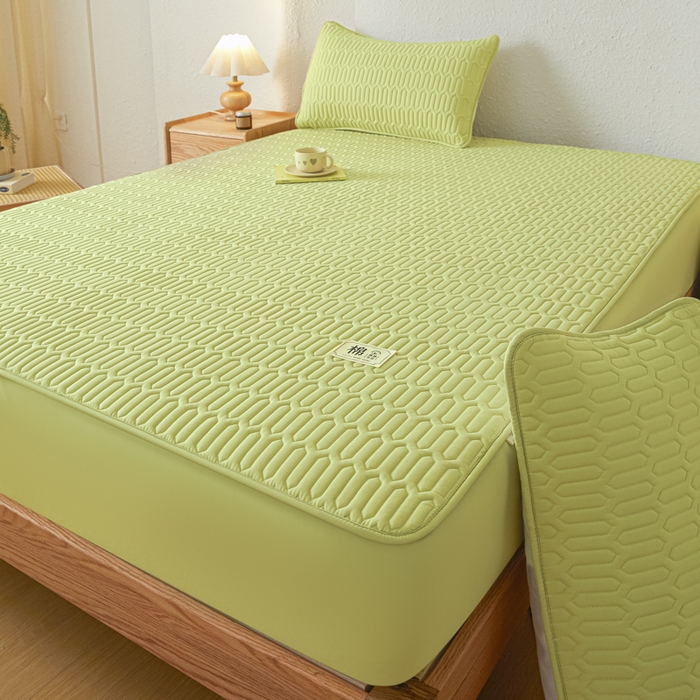 91家纺网 家纺一手货源 找家纺 曼陀罗 2025新款A类新疆棉花夹棉防水床笠 小竹纹-果绿