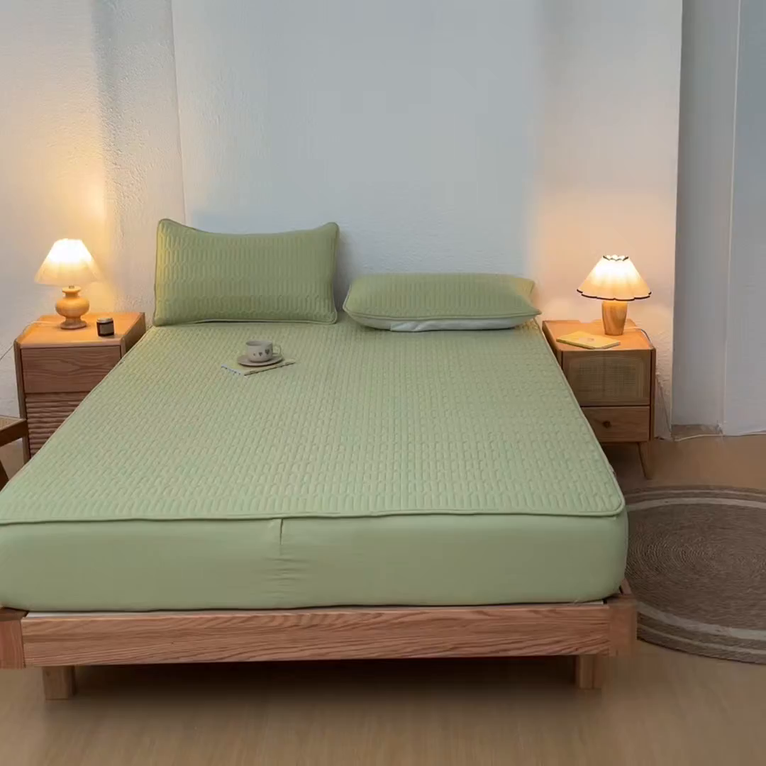 91家纺网 家纺一手货源 找家纺 曼陀罗 2025新款A类新疆棉花夹棉防水床笠 小竹纹-果绿