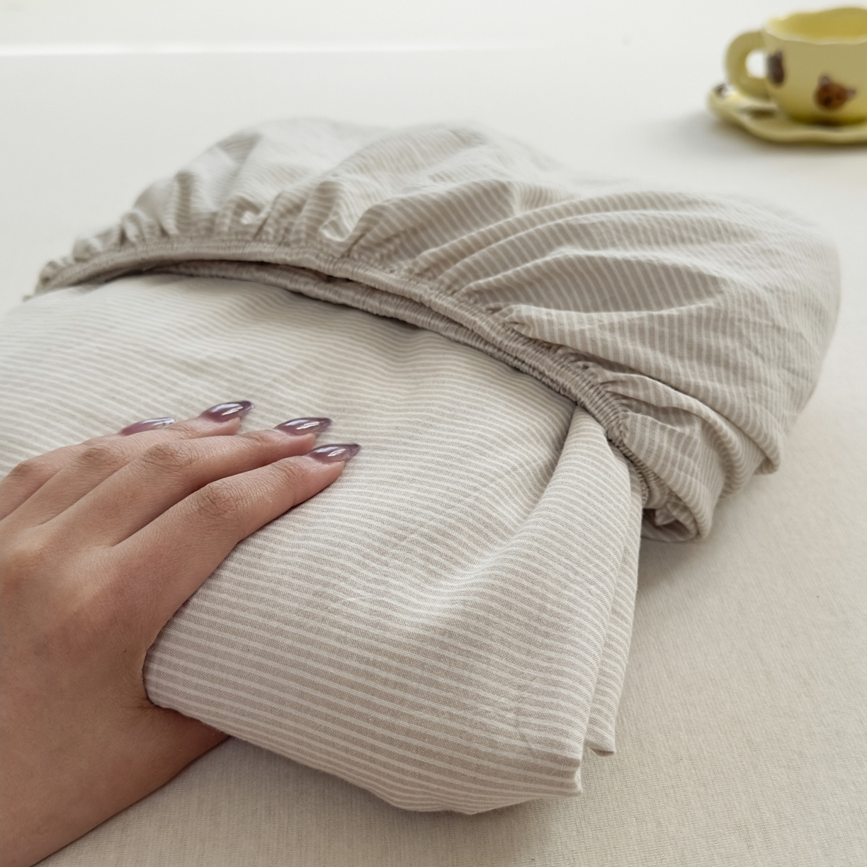 宜家坊 2025新款A类色织全棉水洗棉床笠单件纯棉格子纯色学生宿舍定制定做 密条-米灰