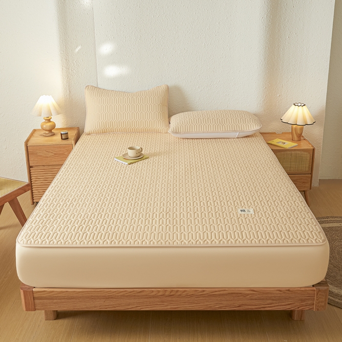 91家纺网 家纺一手货源 找家纺 曼陀罗 2025新款A类新疆棉花夹棉防水床笠 小竹纹-卡其