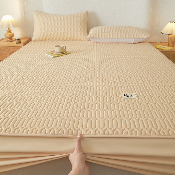 91家纺网 家纺一手货源 找家纺 曼陀罗 2025新款A类新疆棉花夹棉防水床笠 小竹纹-卡其