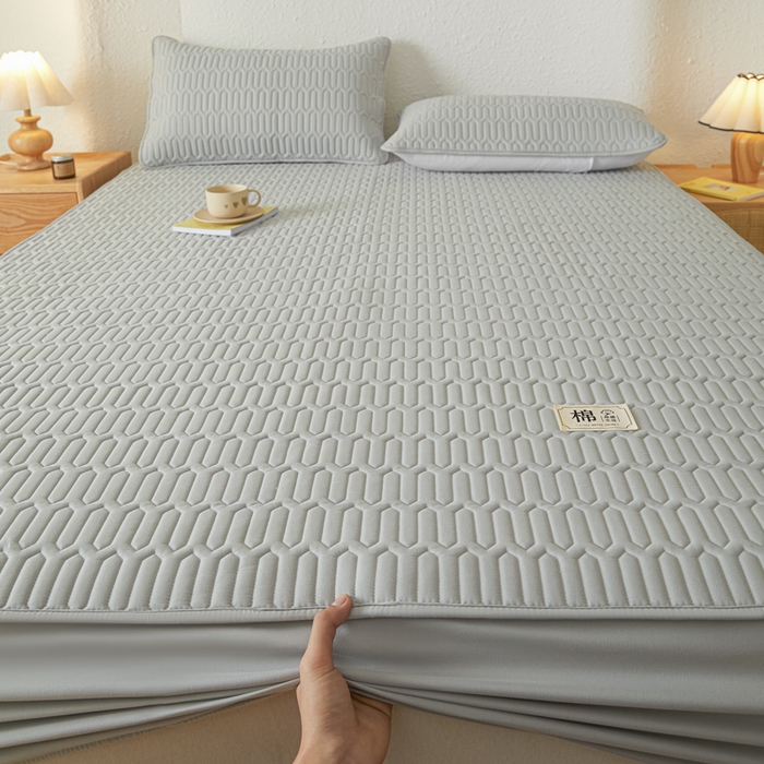 91家纺网 家纺一手货源 找家纺 曼陀罗 2025新款A类新疆棉花夹棉防水床笠 小竹纹-浅灰