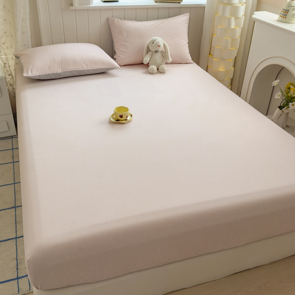 91家纺网 家纺一手货源 找家纺 宜家坊 2025新款A类色织全棉水洗棉床笠单件纯棉格子纯色学生宿舍定制定做 密条-浅粉