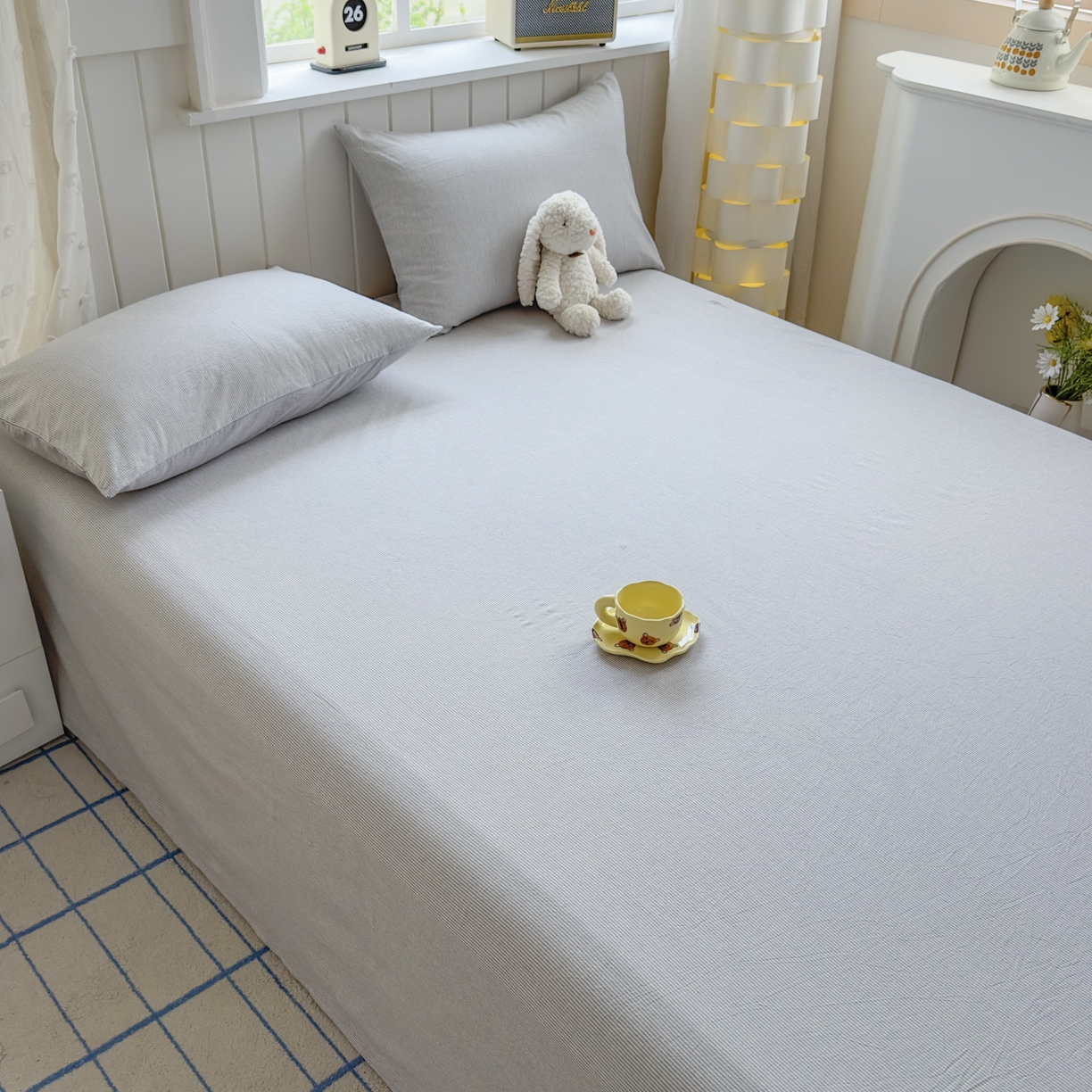 91家纺网 家纺一手货源 找家纺 宜家坊 2025新款A类色织全棉水洗棉床笠单件纯棉格子纯色学生宿舍定制定做 密条-浅灰