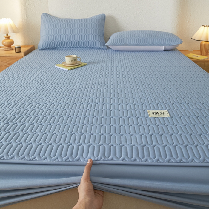 91家纺网 家纺一手货源 找家纺 曼陀罗 2025新款A类新疆棉花夹棉防水床笠 小竹纹-雾蓝