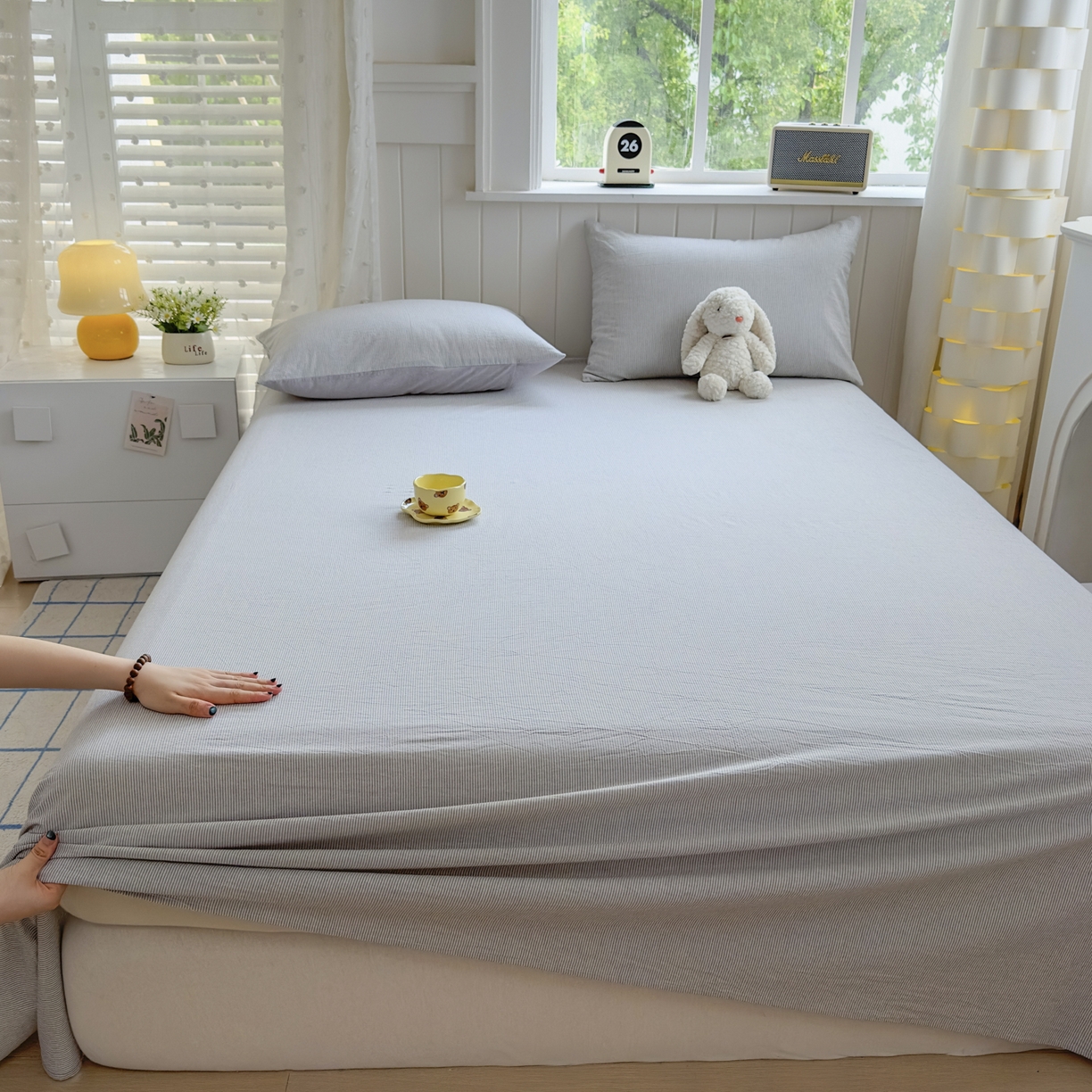 91家纺网 家纺一手货源 找家纺 宜家坊 2025新款A类色织全棉水洗棉床笠单件纯棉格子纯色学生宿舍定制定做 密条-浅灰