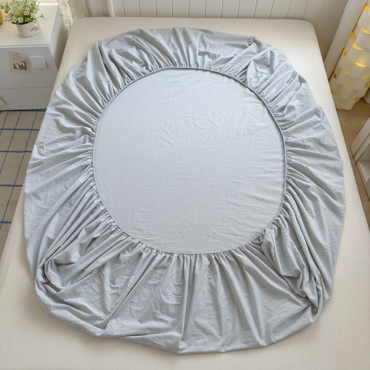 91家纺网 家纺一手货源 找家纺 宜家坊 2025新款A类色织全棉水洗棉床笠单件纯棉格子纯色学生宿舍定制定做 密条-浅灰