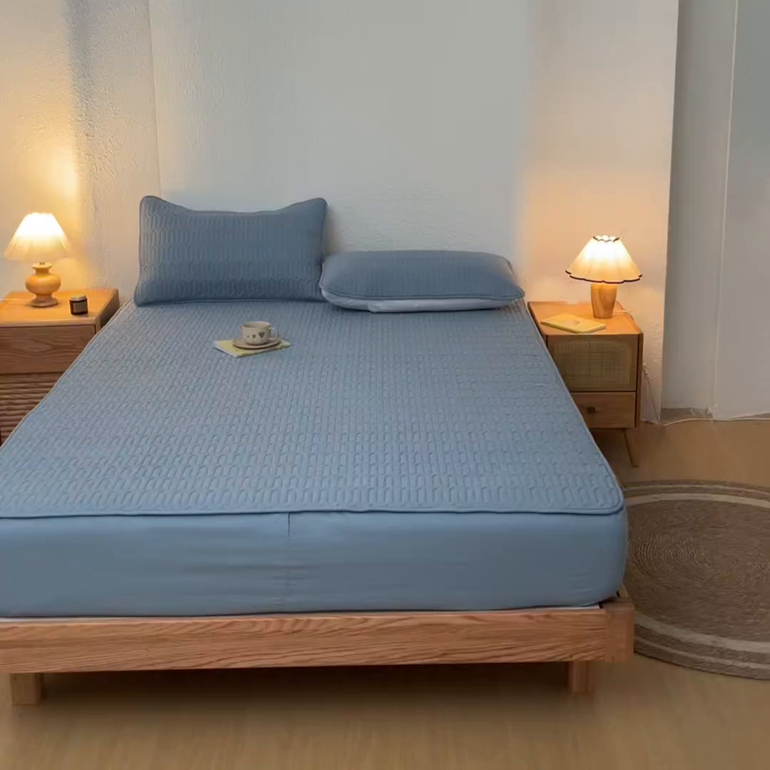 91家纺网 家纺一手货源 找家纺 曼陀罗 2025新款A类新疆棉花夹棉防水床笠 小竹纹-雾蓝