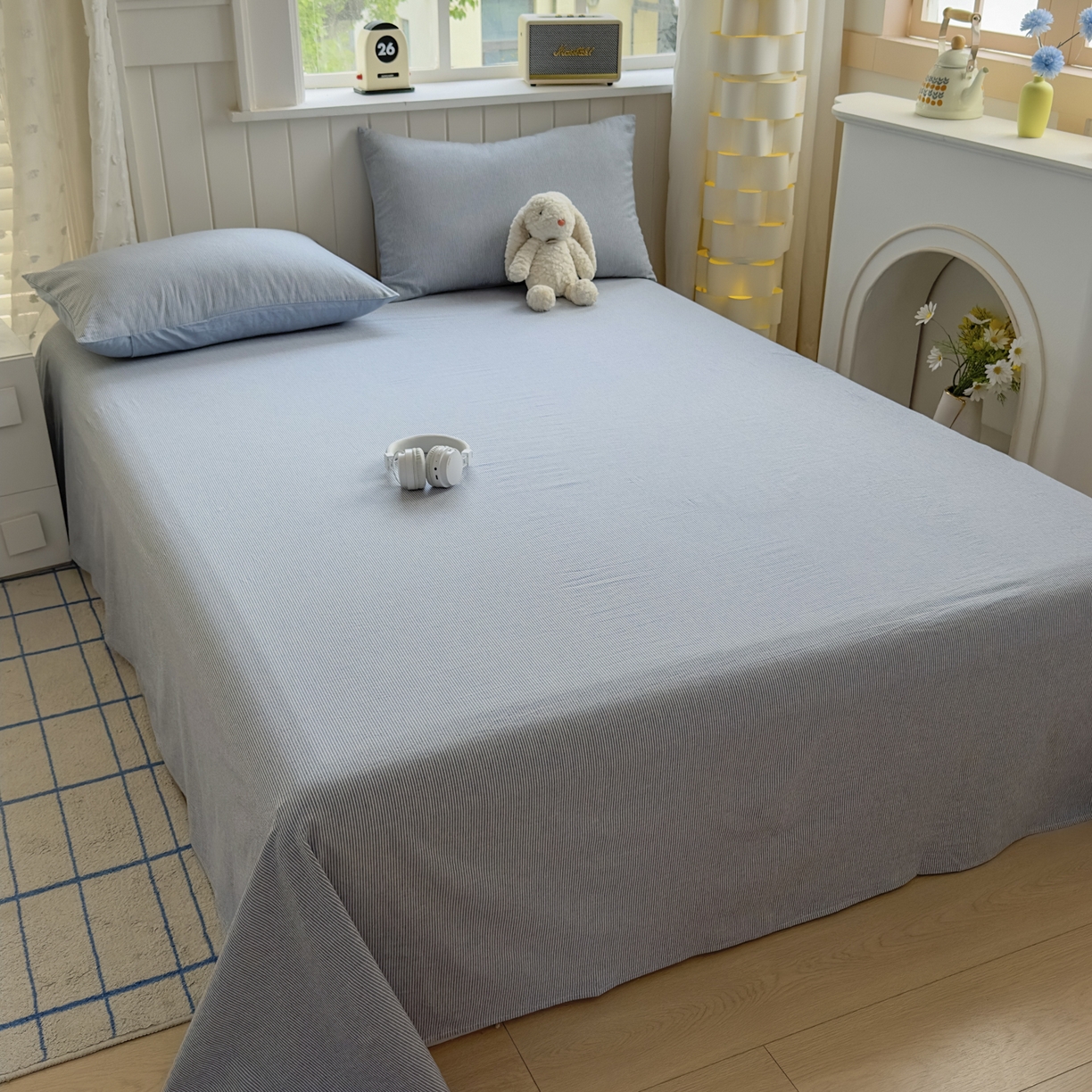 91家纺网 家纺一手货源 找家纺 宜家坊 2025新款A类色织全棉水洗棉床笠单件纯棉格子纯色学生宿舍定制定做 密条-浅蓝