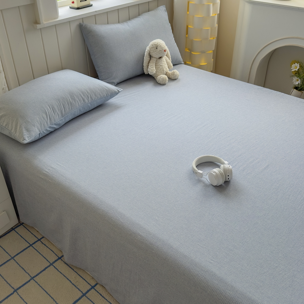 91家纺网 家纺一手货源 找家纺 宜家坊 2025新款A类色织全棉水洗棉床笠单件纯棉格子纯色学生宿舍定制定做 密条-浅蓝