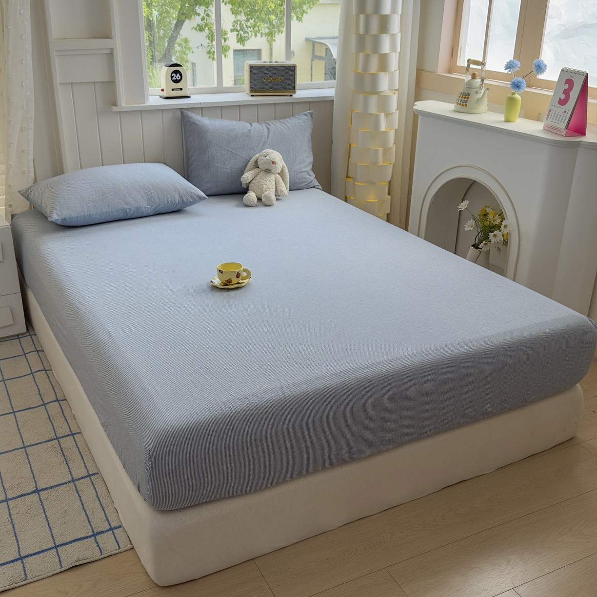 91家纺网 家纺一手货源 找家纺 宜家坊 2025新款A类色织全棉水洗棉床笠单件纯棉格子纯色学生宿舍定制定做 密条-浅蓝