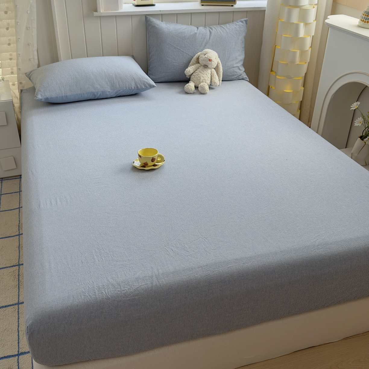 91家纺网 家纺一手货源 找家纺 宜家坊 2025新款A类色织全棉水洗棉床笠单件纯棉格子纯色学生宿舍定制定做 密条-浅蓝