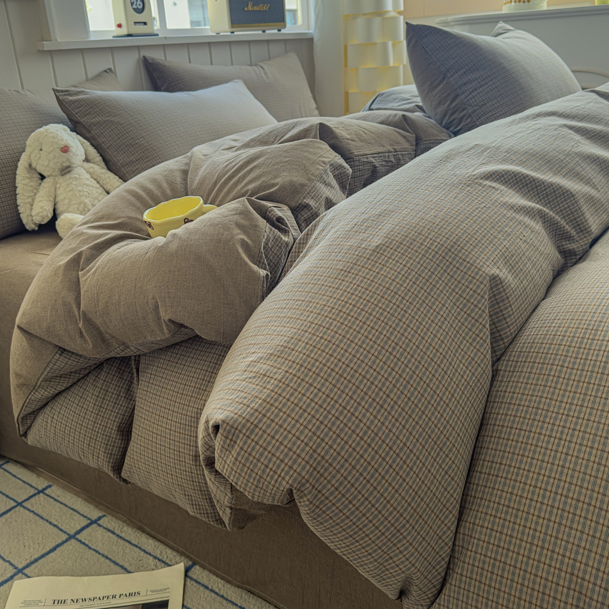 91家纺网 家纺一手货源 找家纺 宜家坊 2025新款A类全棉色织水洗棉被套单件纯棉格子纯色学生宿舍被罩定制定做 沐风-兰咖