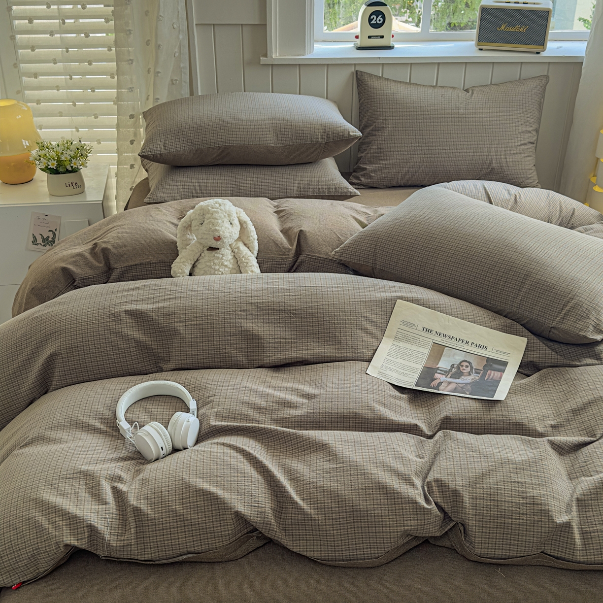 91家纺网 家纺一手货源 找家纺 宜家坊 2025新款A类全棉色织水洗棉被套单件纯棉格子纯色学生宿舍被罩定制定做 沐风-兰咖