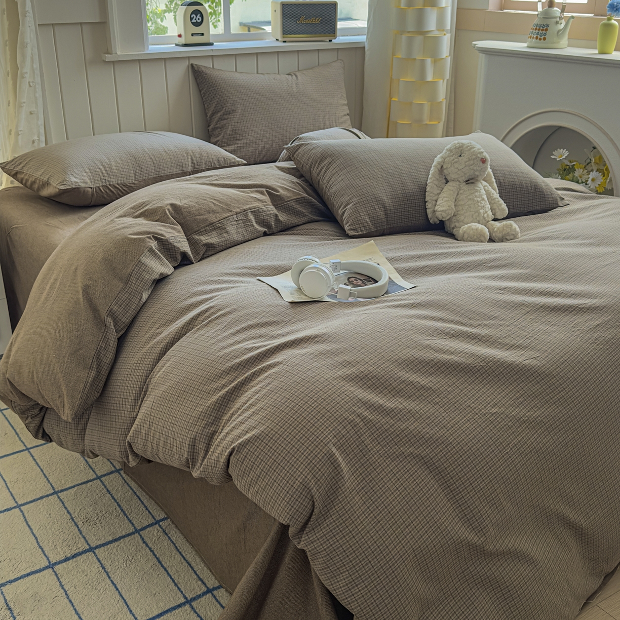 91家纺网 家纺一手货源 找家纺 宜家坊 2025新款A类全棉色织水洗棉被套单件纯棉格子纯色学生宿舍被罩定制定做 沐风-兰咖
