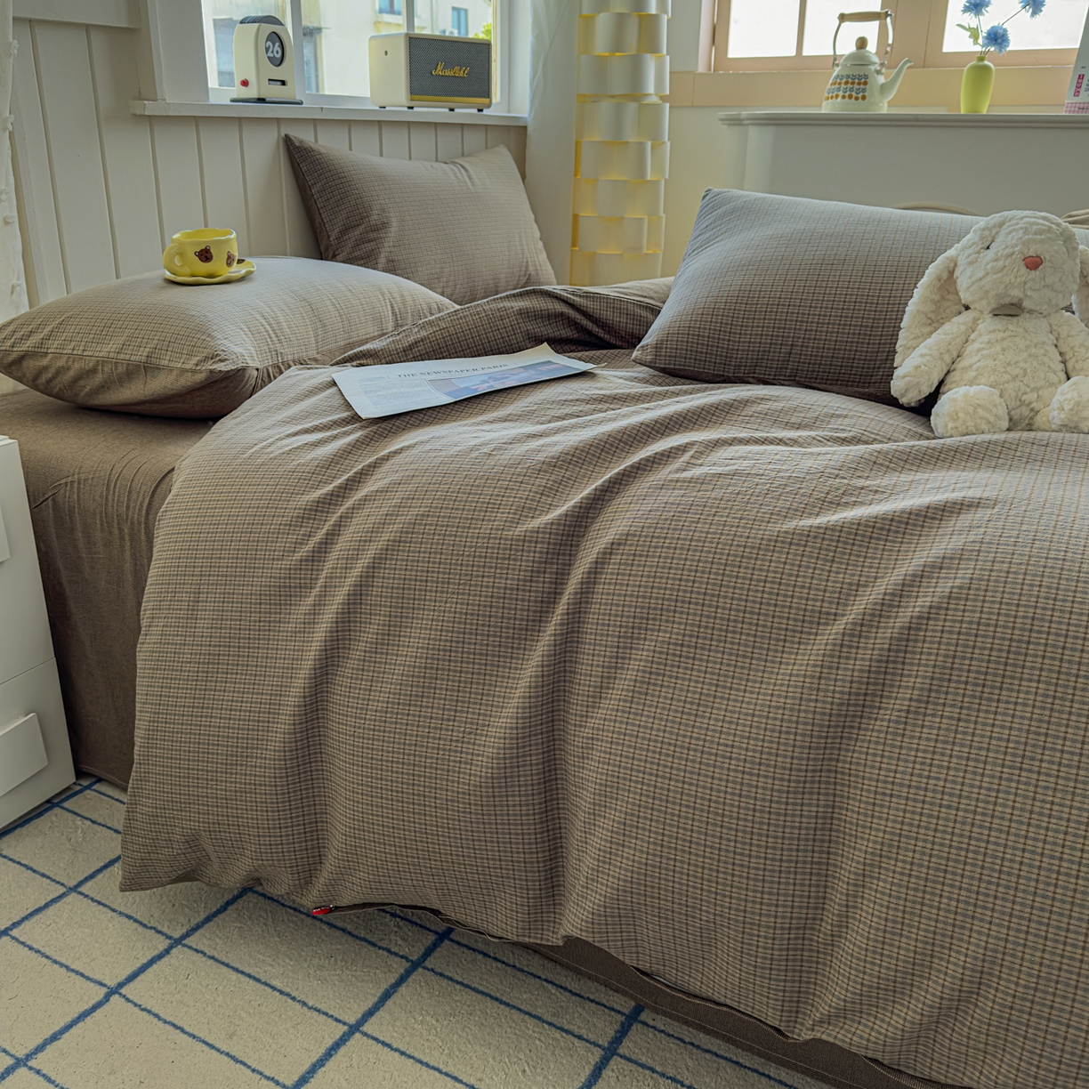 91家纺网 家纺一手货源 找家纺 宜家坊 2025新款A类全棉色织水洗棉被套单件纯棉格子纯色学生宿舍被罩定制定做 沐风-兰咖