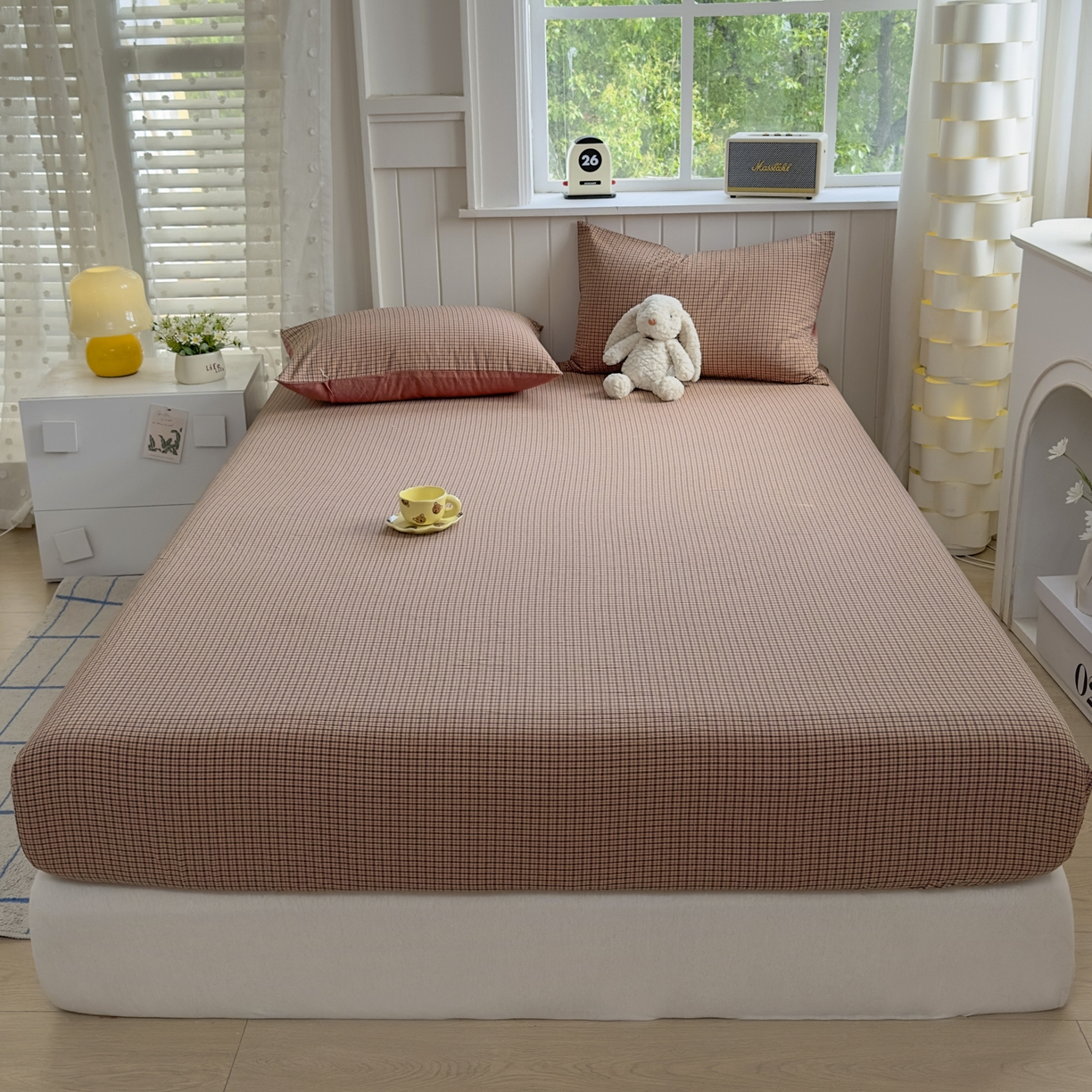 91家纺网 家纺一手货源 找家纺 宜家坊 2025新款A类色织全棉水洗棉床笠单件纯棉格子纯色学生宿舍定制定做 沐风-粉红