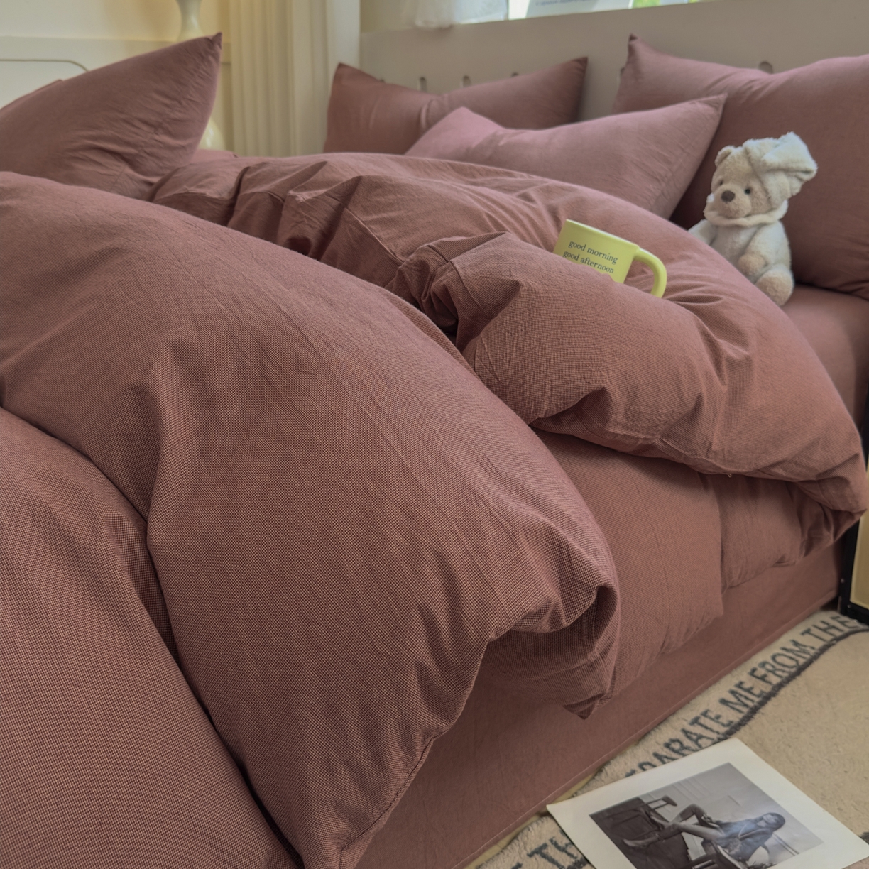 91家纺网 家纺一手货源 找家纺 宜家坊 2025新款A类全棉色织水洗棉被套单件纯棉格子纯色学生宿舍被罩定制定做 纯棉素-红