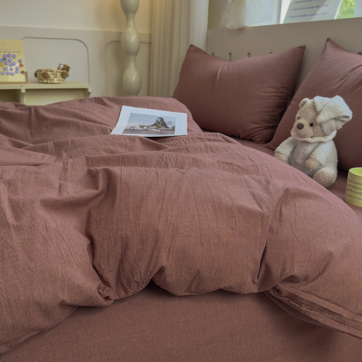 91家纺网 家纺一手货源 找家纺 宜家坊 2025新款A类全棉色织水洗棉被套单件纯棉格子纯色学生宿舍被罩定制定做 纯棉素-红