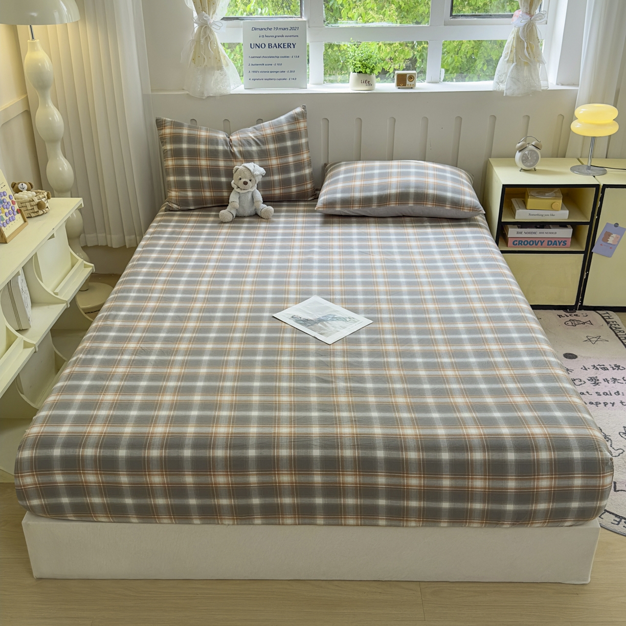 91家纺网 家纺一手货源 找家纺 宜家坊 2025新款A类色织全棉水洗棉床笠单件纯棉格子纯色学生宿舍定制定做 诺卡-浅灰