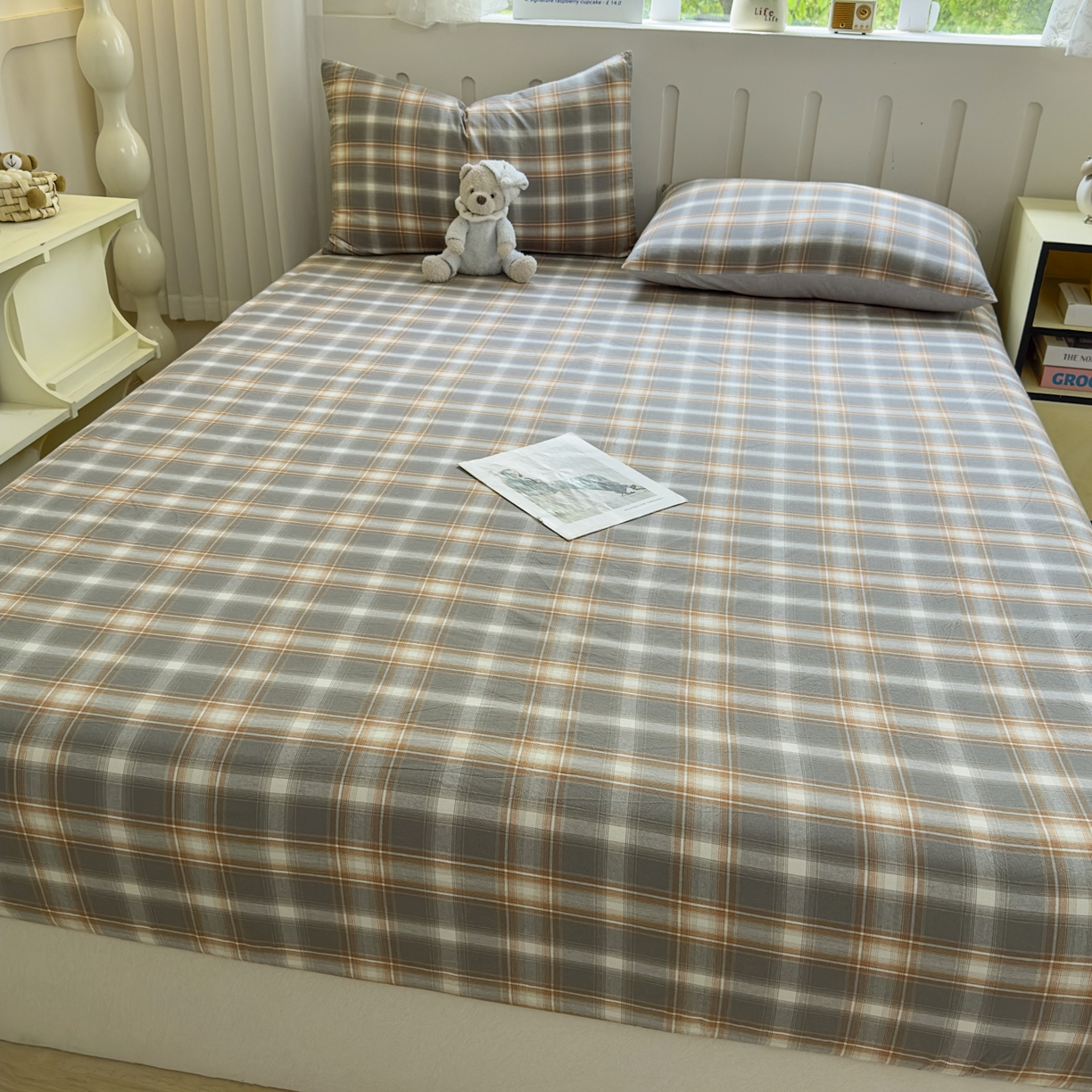 91家纺网 家纺一手货源 找家纺 宜家坊 2025新款A类色织全棉水洗棉床笠单件纯棉格子纯色学生宿舍定制定做 诺卡-浅灰