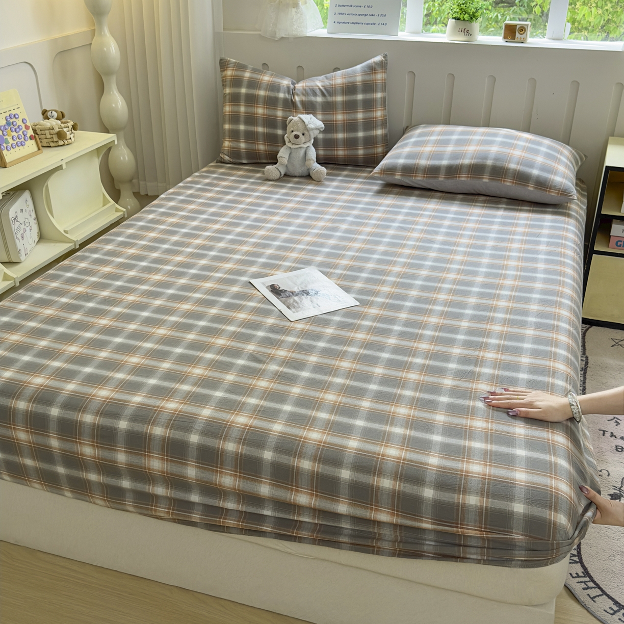 91家纺网 家纺一手货源 找家纺 宜家坊 2025新款A类色织全棉水洗棉床笠单件纯棉格子纯色学生宿舍定制定做 诺卡-浅灰