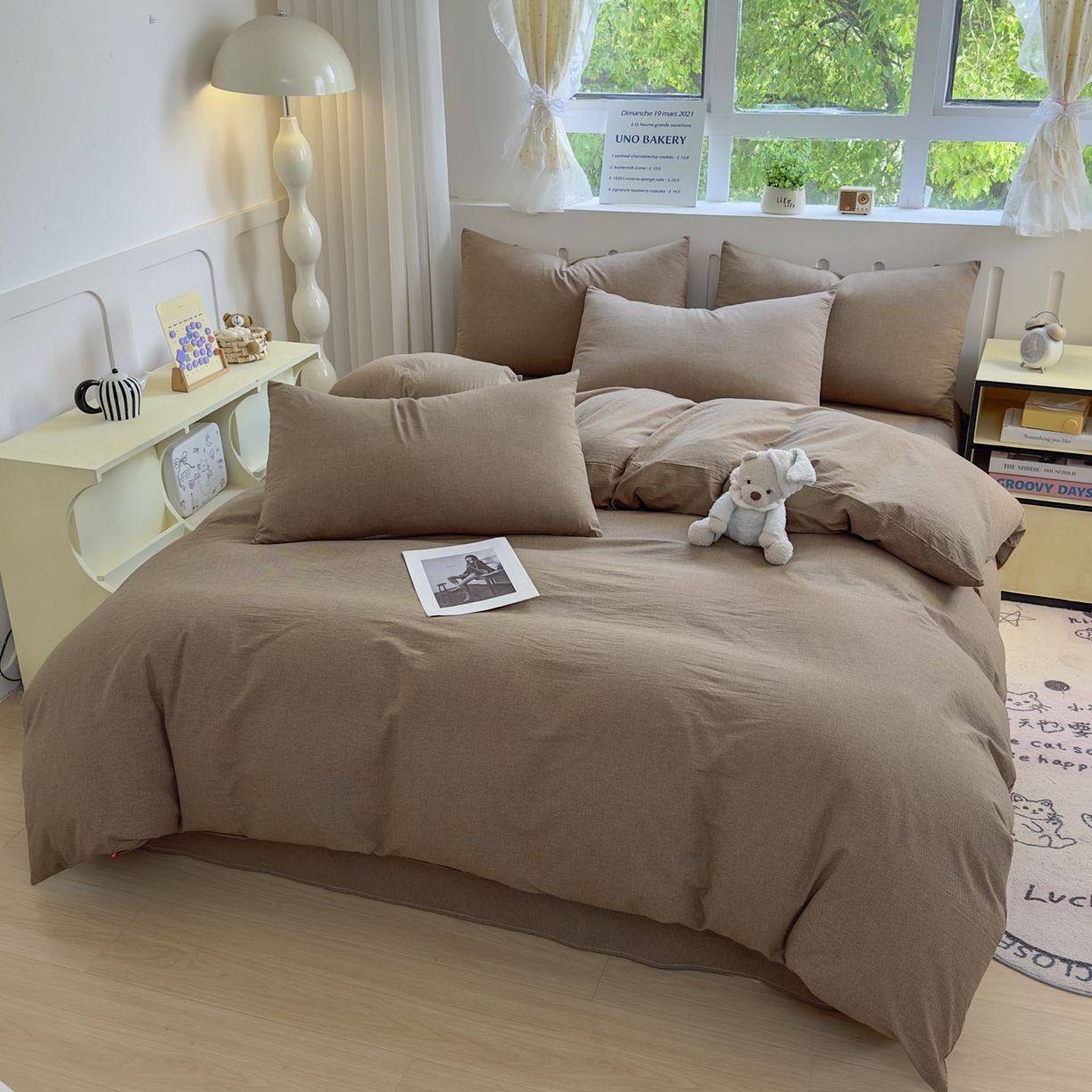 91家纺网 家纺一手货源 找家纺 宜家坊 2025新款A类全棉色织水洗棉被套单件纯棉格子纯色学生宿舍被罩定制定做 纯棉素-咖