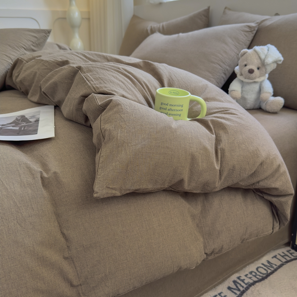 91家纺网 家纺一手货源 找家纺 宜家坊 2025新款A类全棉色织水洗棉被套单件纯棉格子纯色学生宿舍被罩定制定做 纯棉素-咖