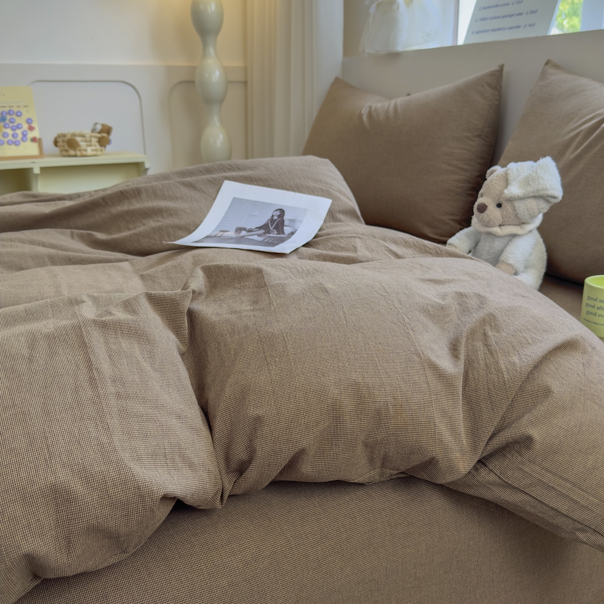 91家纺网 家纺一手货源 找家纺 宜家坊 2025新款A类全棉色织水洗棉被套单件纯棉格子纯色学生宿舍被罩定制定做 纯棉素-咖