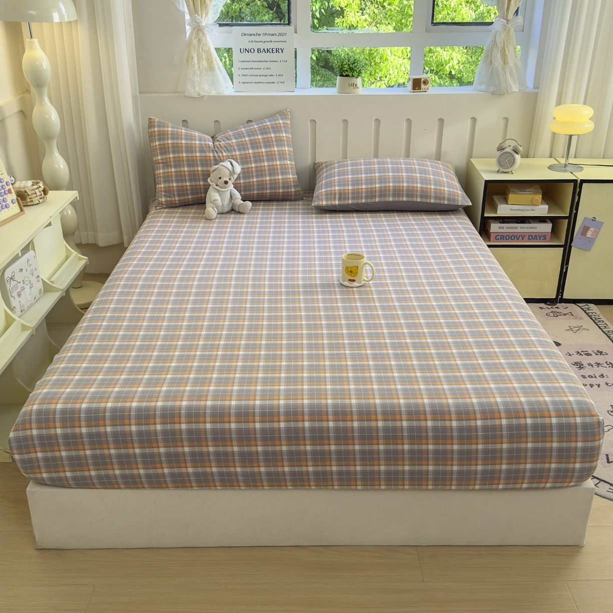 91家纺网 家纺一手货源 找家纺 宜家坊 2025新款A类色织全棉水洗棉床笠单件纯棉格子纯色学生宿舍定制定做 映像格-橙灰