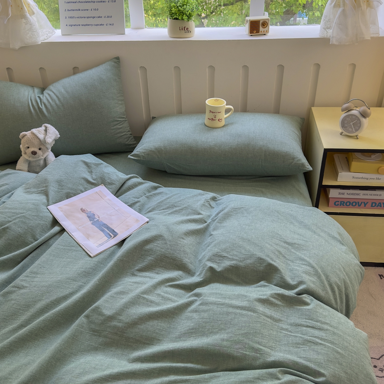 91家纺网 家纺一手货源 找家纺 宜家坊 2025新款A类全棉色织水洗棉被套单件纯棉格子纯色学生宿舍被罩定制定做 纯色-草绿