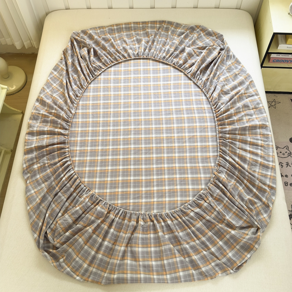 91家纺网 家纺一手货源 找家纺 宜家坊 2025新款A类色织全棉水洗棉床笠单件纯棉格子纯色学生宿舍定制定做 映像格-橙灰