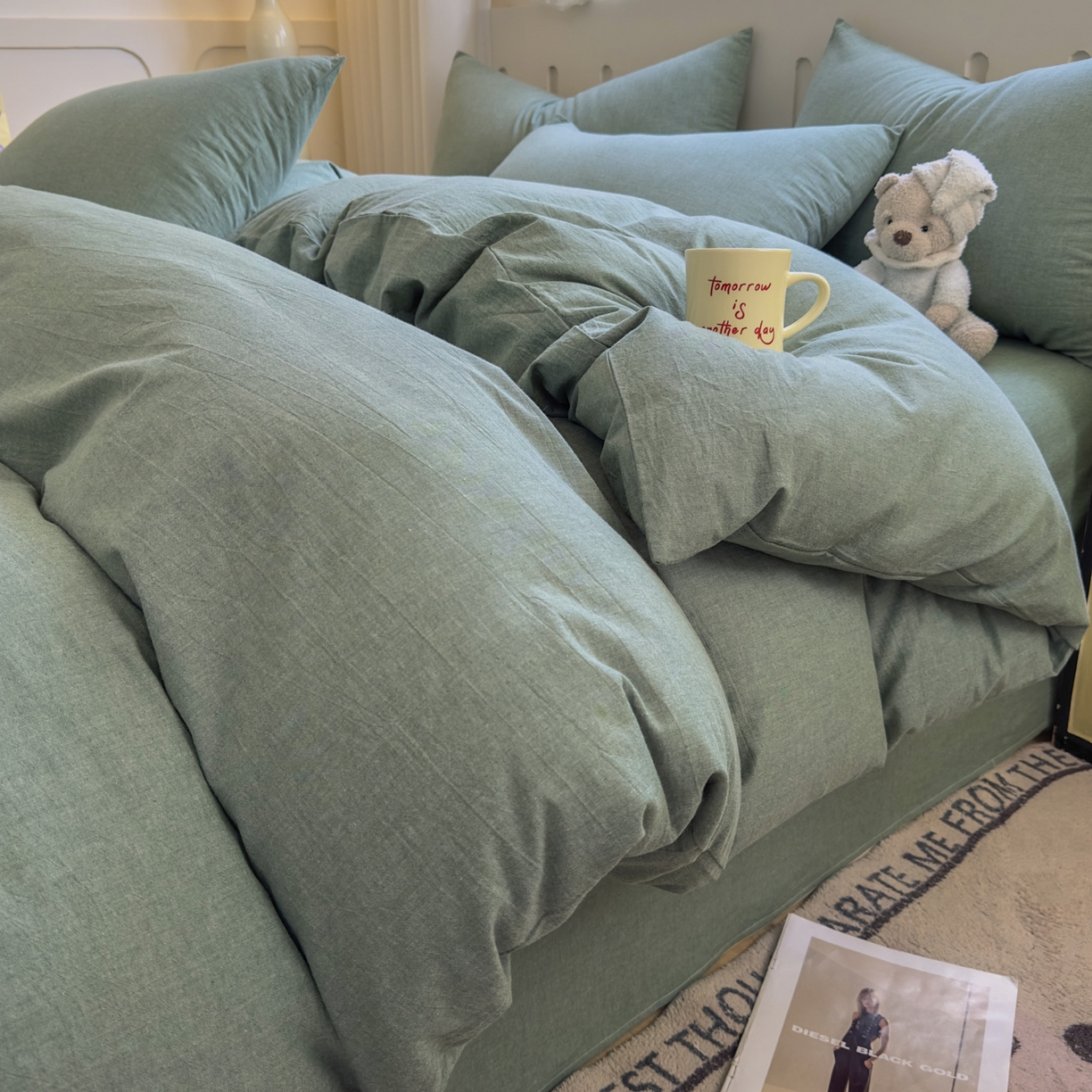 91家纺网 家纺一手货源 找家纺 宜家坊 2025新款A类全棉色织水洗棉被套单件纯棉格子纯色学生宿舍被罩定制定做 纯色-草绿