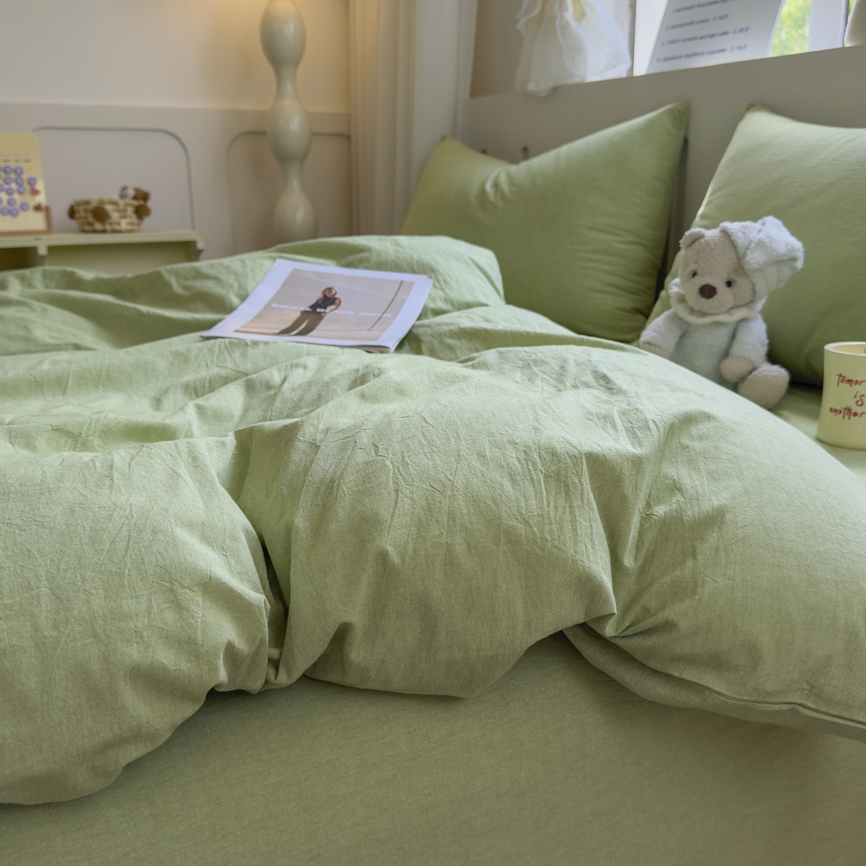 91家纺网 家纺一手货源 找家纺 宜家坊 2025新款A类全棉色织水洗棉被套单件纯棉格子纯色学生宿舍被罩定制定做 纯色-果绿