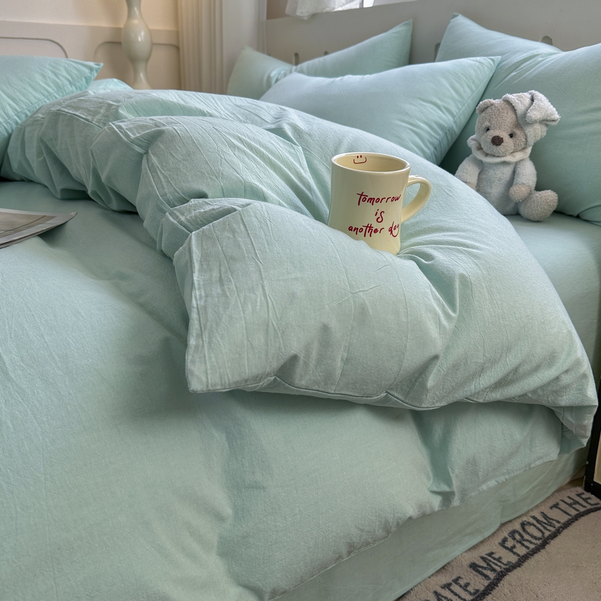 91家纺网 家纺一手货源 找家纺 宜家坊 2025新款A类全棉色织水洗棉被套单件纯棉格子纯色学生宿舍被罩定制定做 纯色-湖蓝