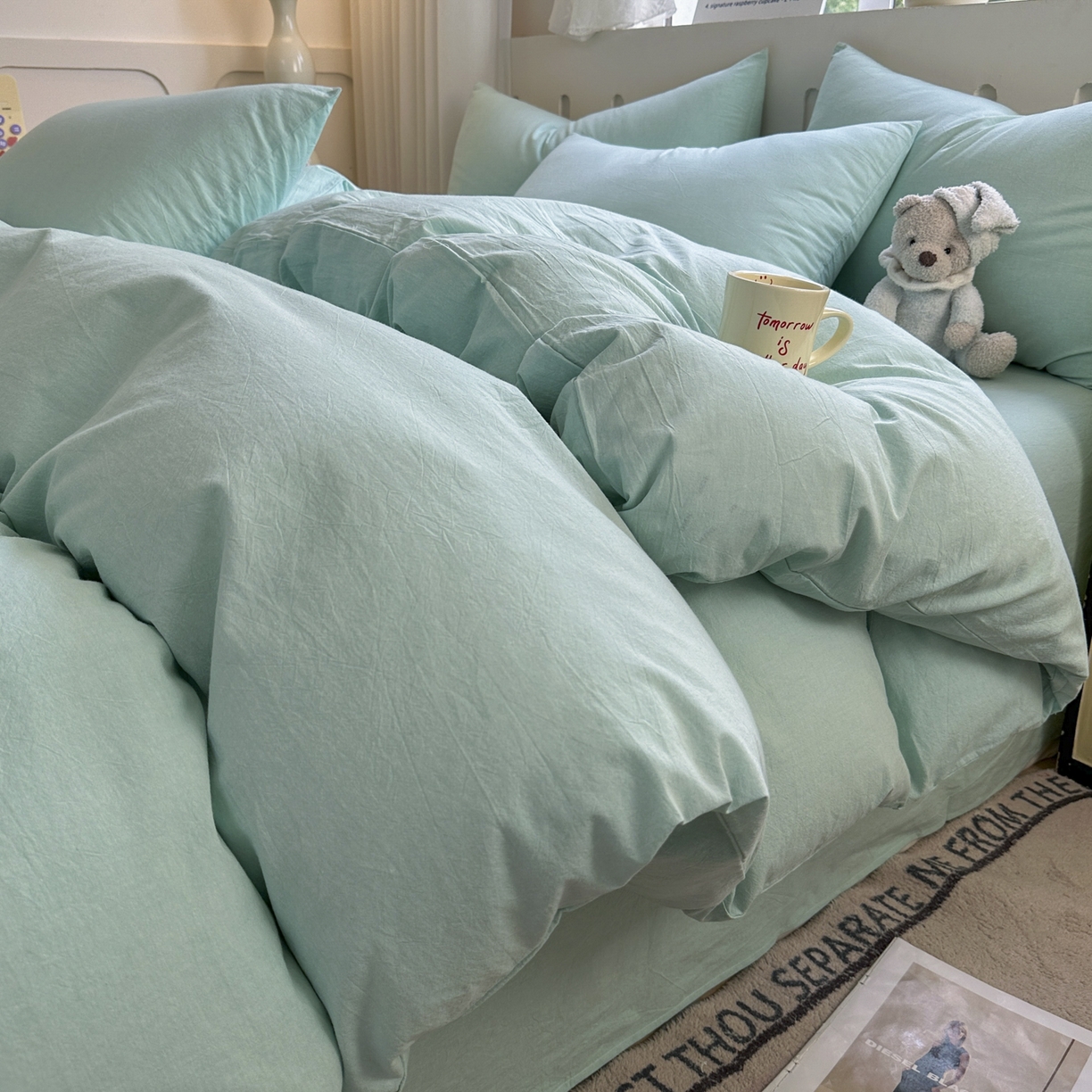 91家纺网 家纺一手货源 找家纺 宜家坊 2025新款A类全棉色织水洗棉被套单件纯棉格子纯色学生宿舍被罩定制定做 纯色-湖蓝