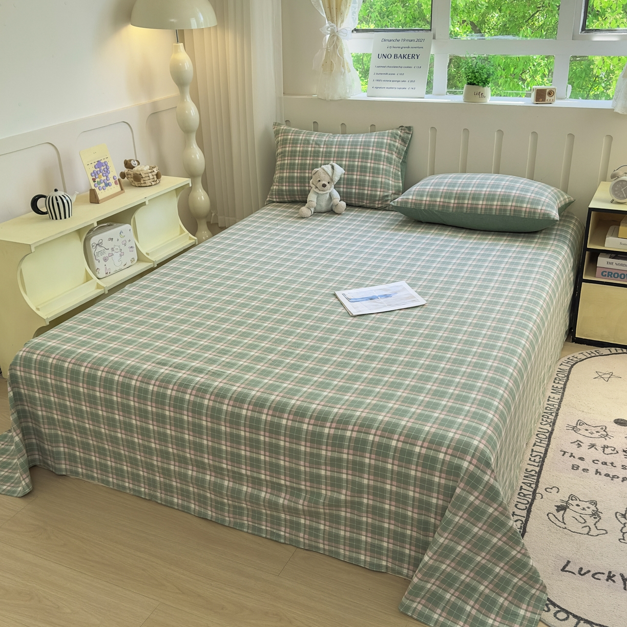 91家纺网 家纺一手货源 找家纺 宜家坊 2025新款A类色织全棉水洗棉床笠单件纯棉格子纯色学生宿舍定制定做 映像格-绿