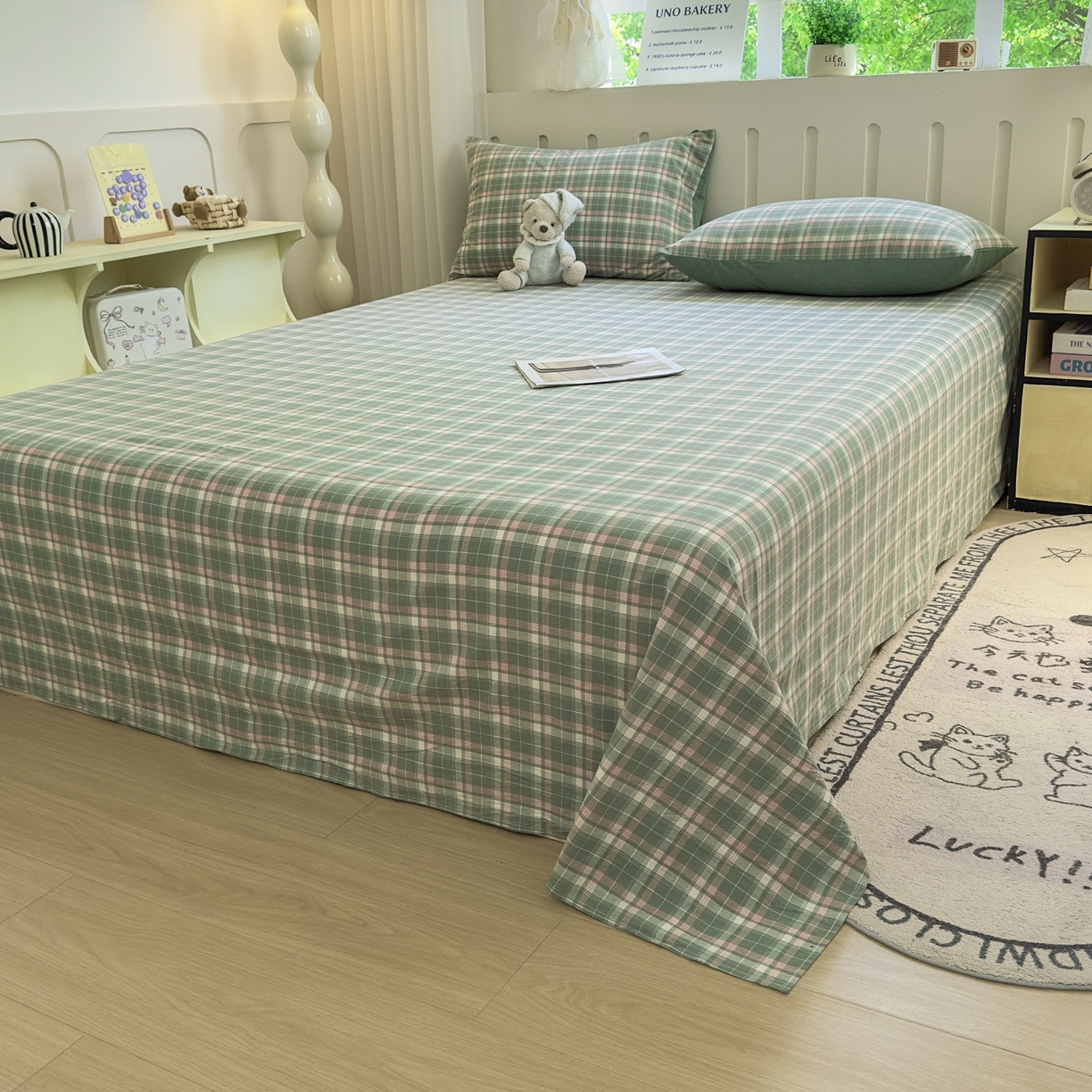 91家纺网 家纺一手货源 找家纺 宜家坊 2025新款A类色织全棉水洗棉床笠单件纯棉格子纯色学生宿舍定制定做 映像格-绿