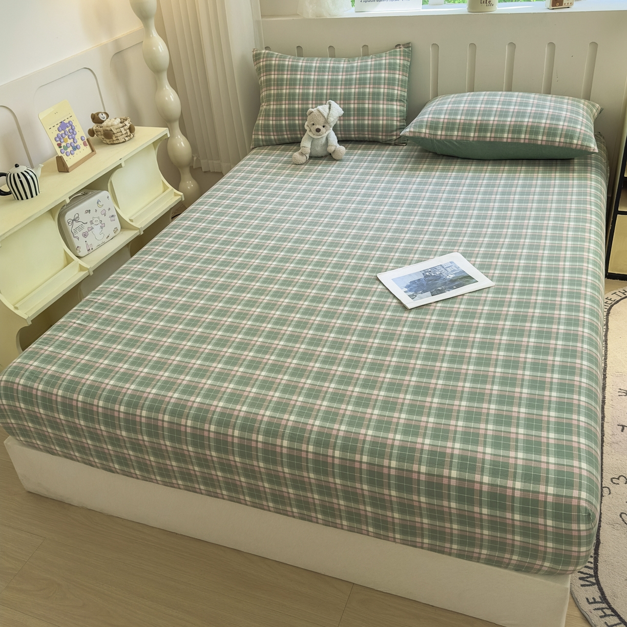 91家纺网 家纺一手货源 找家纺 宜家坊 2025新款A类色织全棉水洗棉床笠单件纯棉格子纯色学生宿舍定制定做 映像格-绿