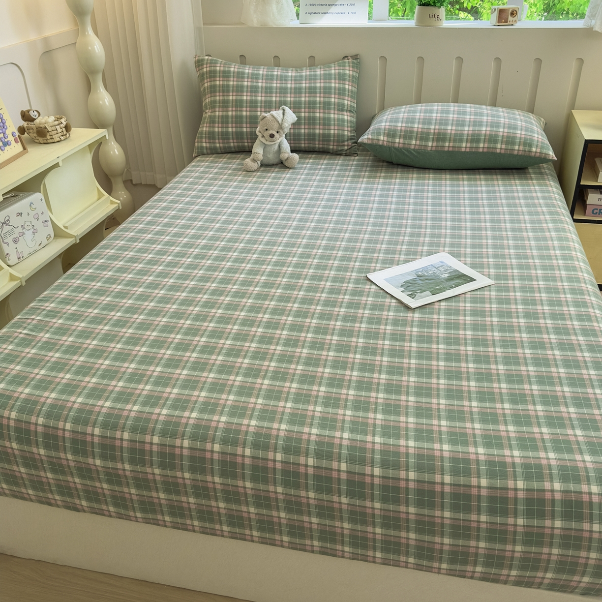 91家纺网 家纺一手货源 找家纺 宜家坊 2025新款A类色织全棉水洗棉床笠单件纯棉格子纯色学生宿舍定制定做 映像格-绿