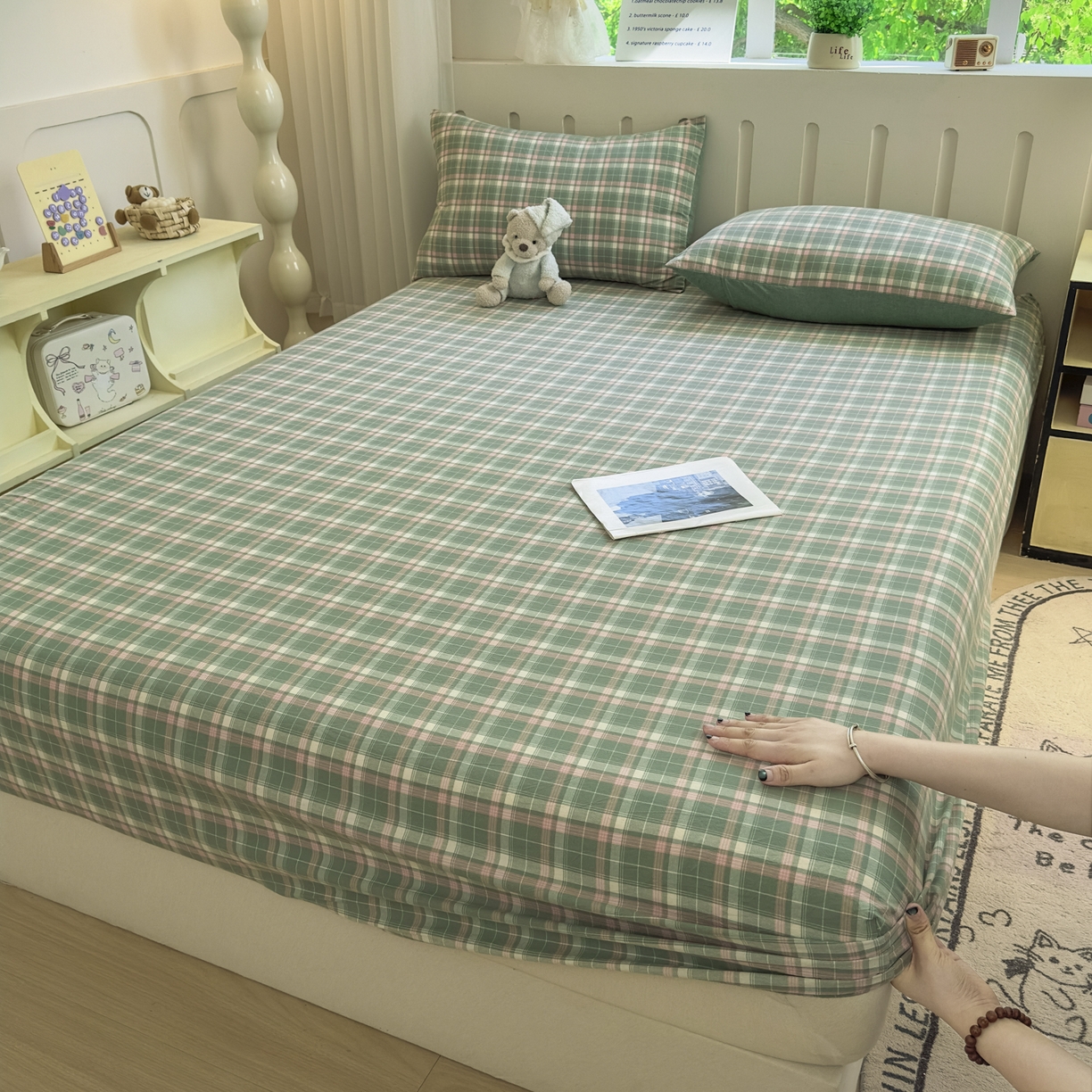 91家纺网 家纺一手货源 找家纺 宜家坊 2025新款A类色织全棉水洗棉床笠单件纯棉格子纯色学生宿舍定制定做 映像格-绿