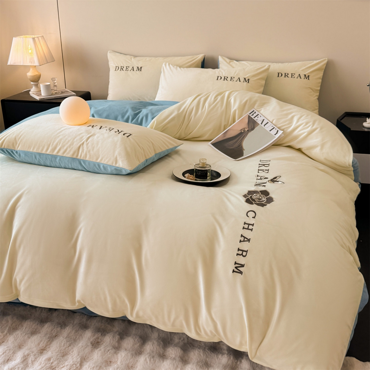 91家纺网 家纺一手货源 找家纺 云棉坊 2025新款水晶绒刺绣四件套-初见 初见-奶白兰