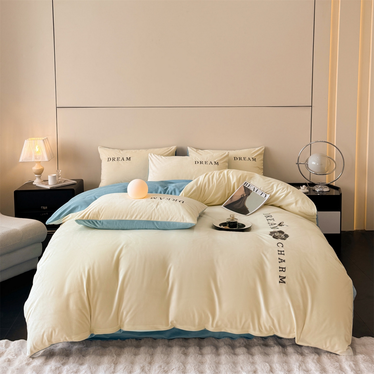 91家纺网 家纺一手货源 找家纺 云棉坊 2025新款水晶绒刺绣四件套-初见 初见-奶白兰