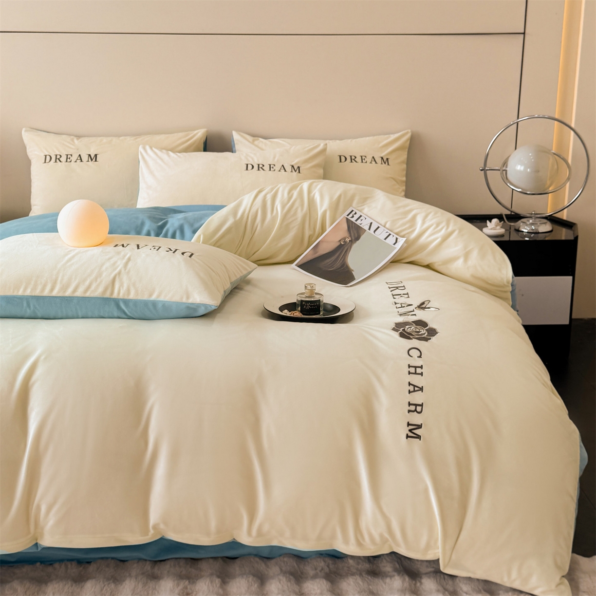 91家纺网 家纺一手货源 找家纺 云棉坊 2025新款水晶绒刺绣四件套-初见 初见-奶白兰