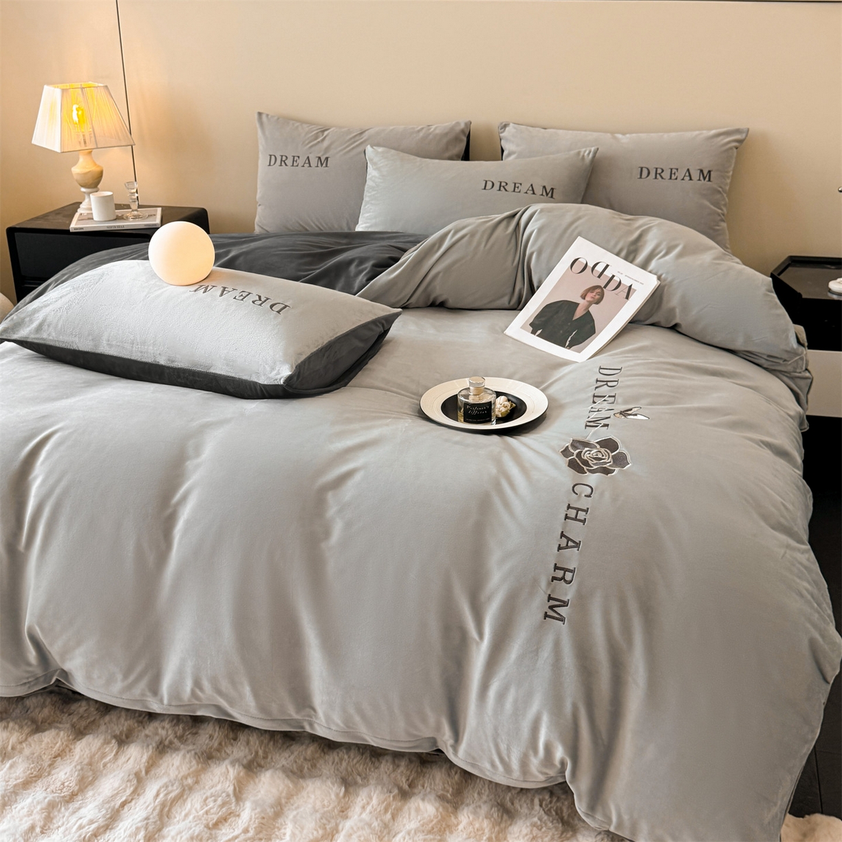 云棉坊 2025新款水晶绒刺绣四件套-初见 初见-山灰