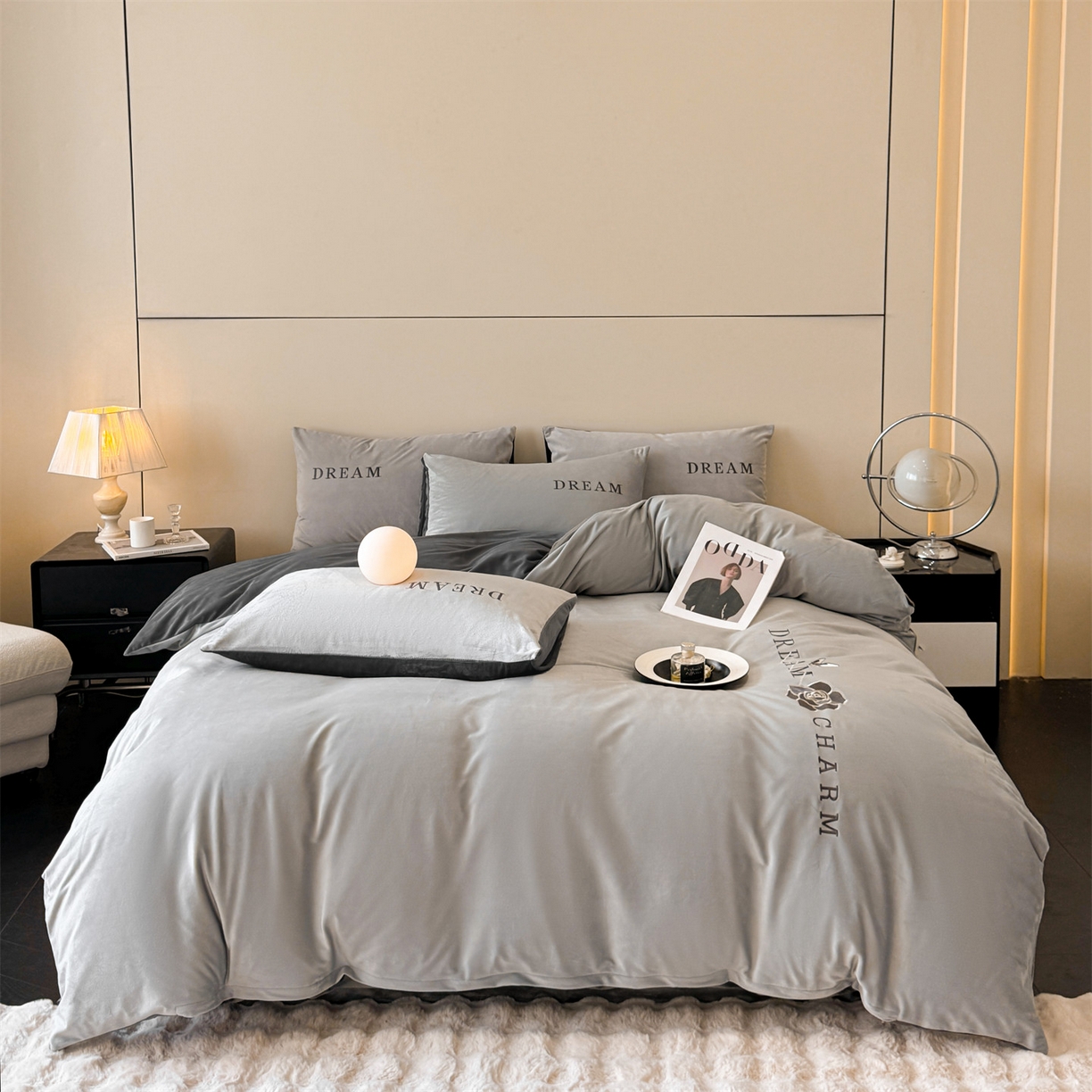 91家纺网 家纺一手货源 找家纺 云棉坊 2025新款水晶绒刺绣四件套-初见 初见-山灰