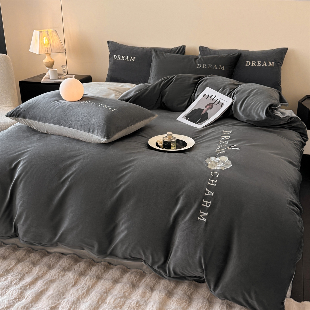 云棉坊 2025新款水晶绒刺绣四件套-初见 初见-高级灰