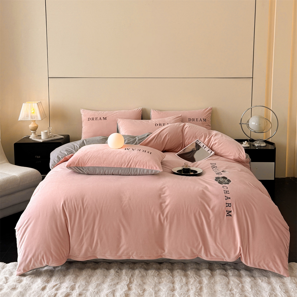 91家纺网 家纺一手货源 找家纺 云棉坊 2025新款水晶绒刺绣四件套-初见 初见-蜜桃粉