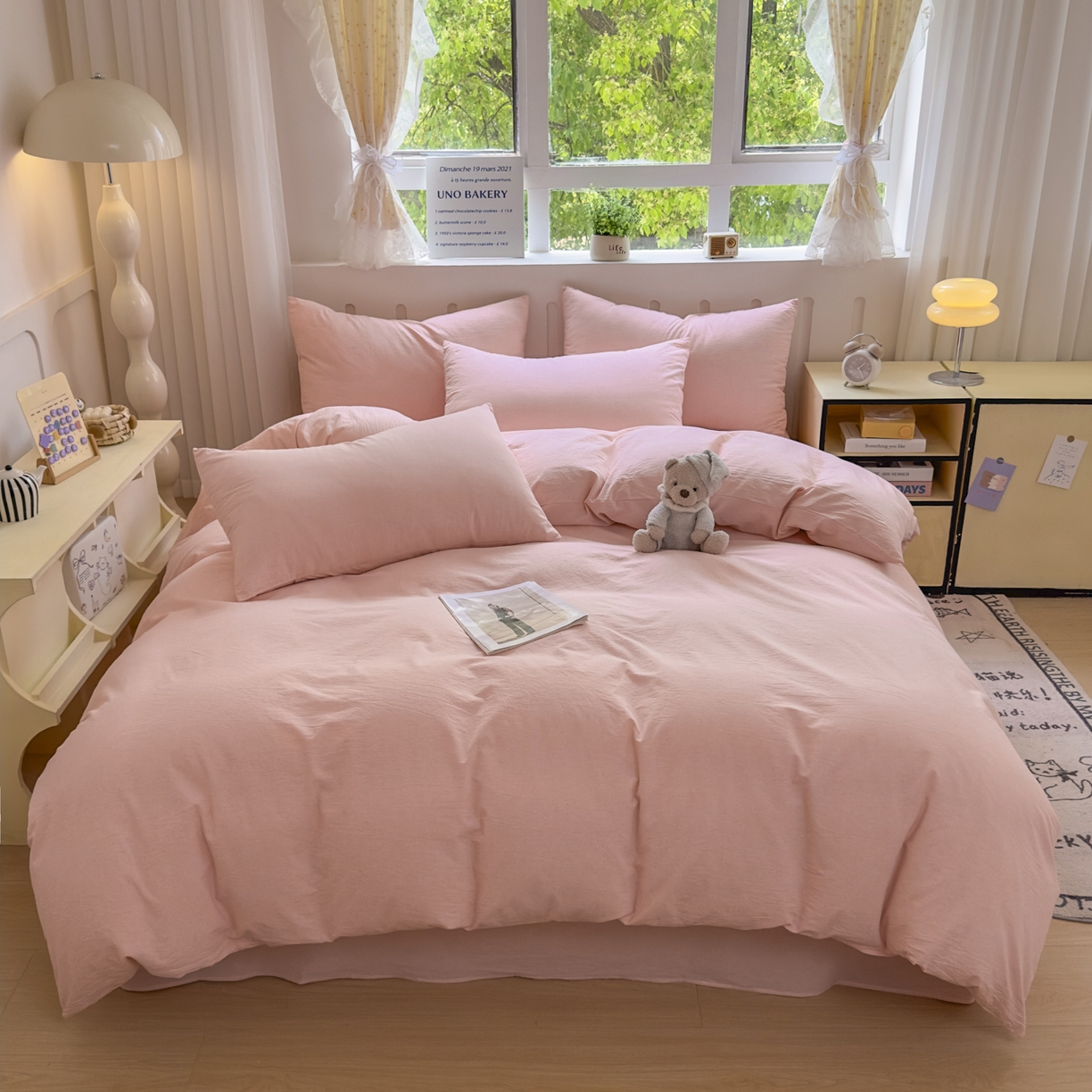 91家纺网 家纺一手货源 找家纺 宜家坊 2025新款A类全棉色织水洗棉被套单件纯棉格子纯色学生宿舍被罩定制定做 纯色-浅粉