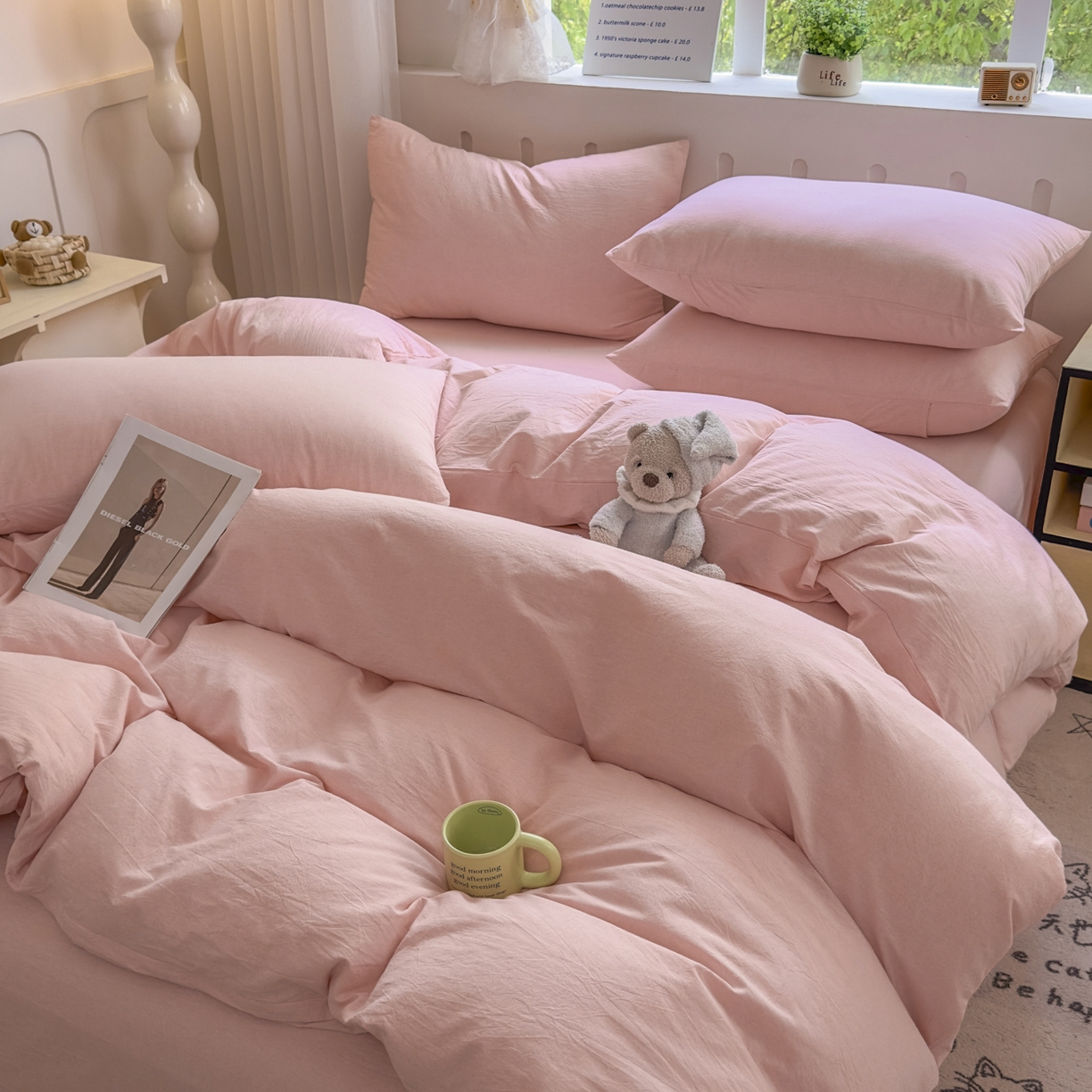 91家纺网 家纺一手货源 找家纺 宜家坊 2025新款A类全棉色织水洗棉被套单件纯棉格子纯色学生宿舍被罩定制定做 纯色-浅粉